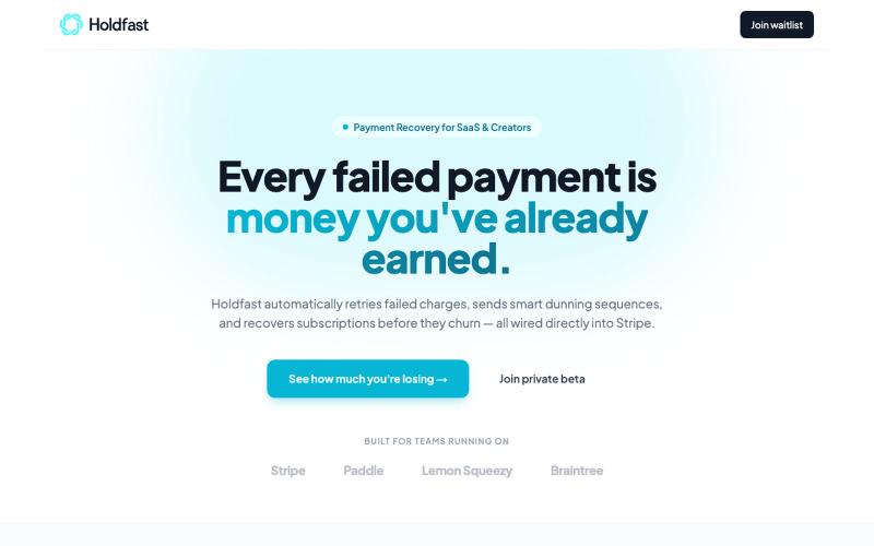 Holdfast — Payment Recovery for SaaS & Creators — screenshot