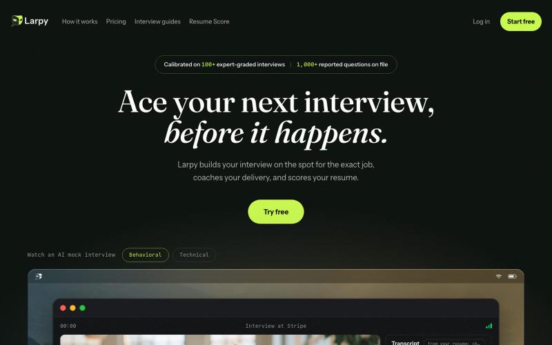 Free AI mock interviews you take out loud · Larpy — screenshot