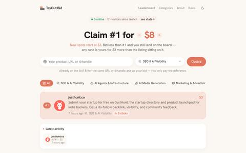 TryOut.Bid — the public pay-to-rank leaderboard — screenshot