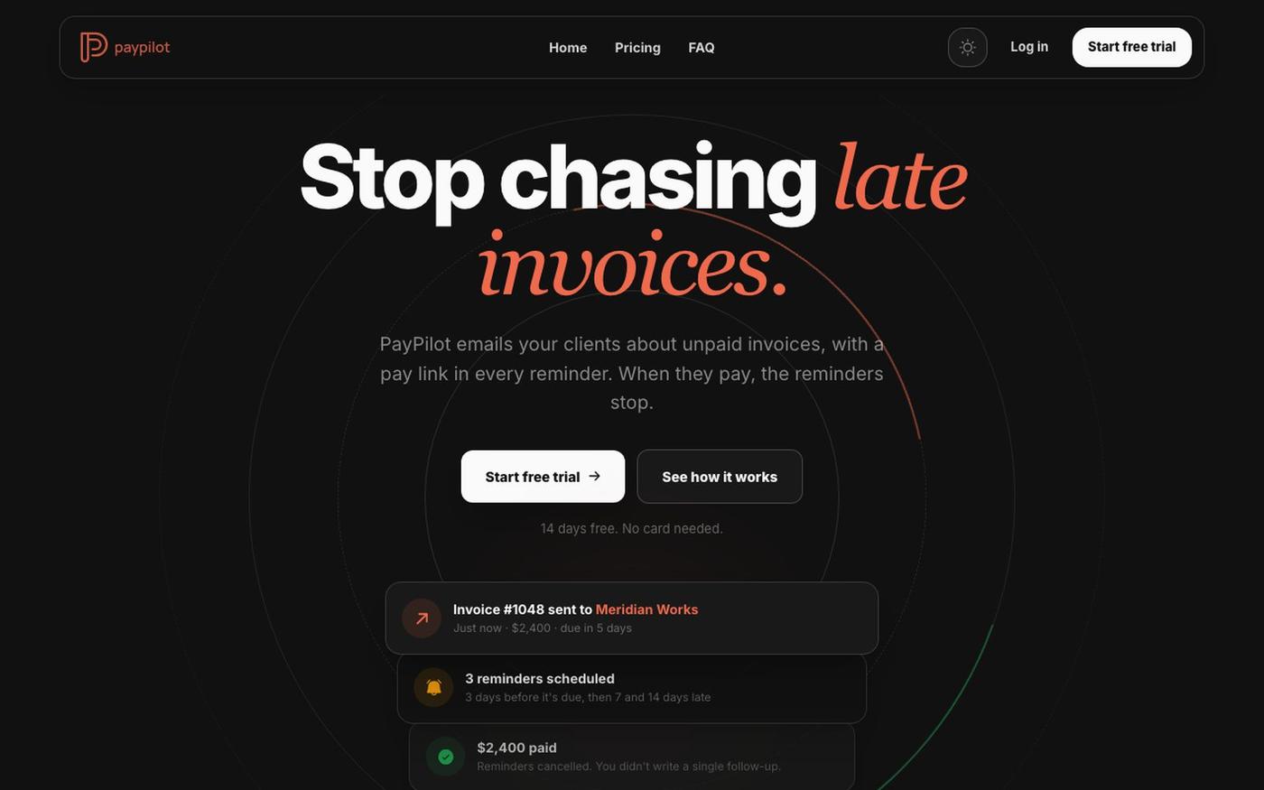 PayPilot · Payment reminders for freelancers — screenshot