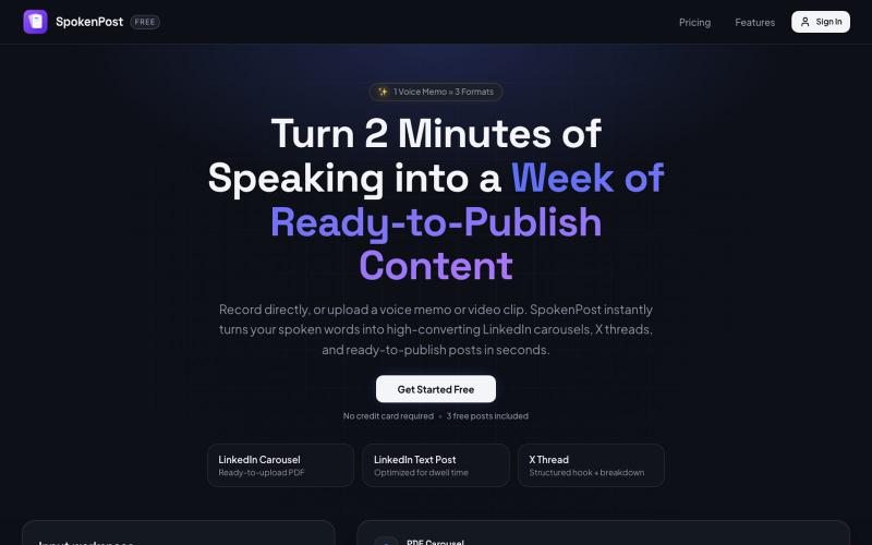 SpokenPost – Voice Memo to LinkedIn Carousel, Post & X Thread — screenshot