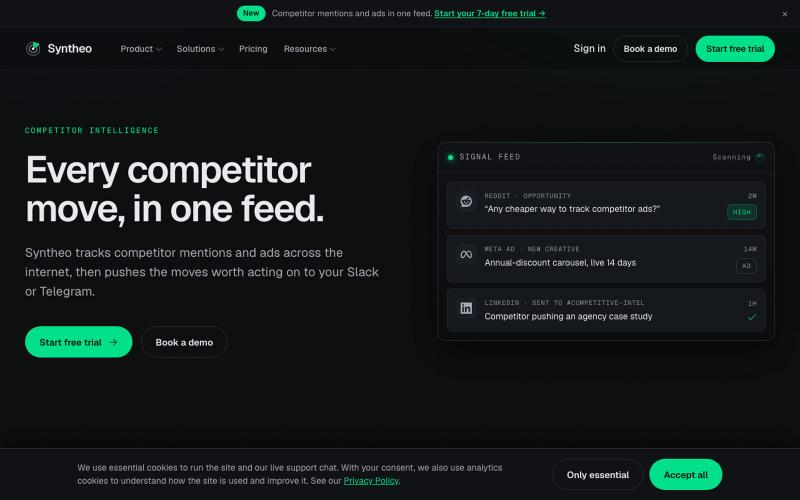 Track Competitor Mentions & Ads in One Feed | Syntheo — screenshot
