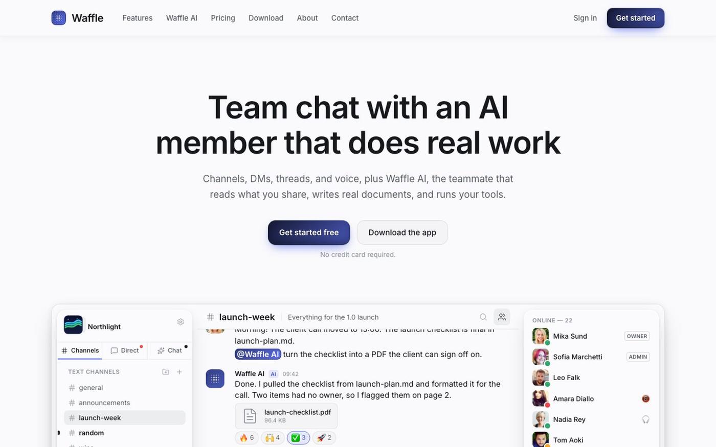 Waffle: team chat with an AI member that does real work — screenshot