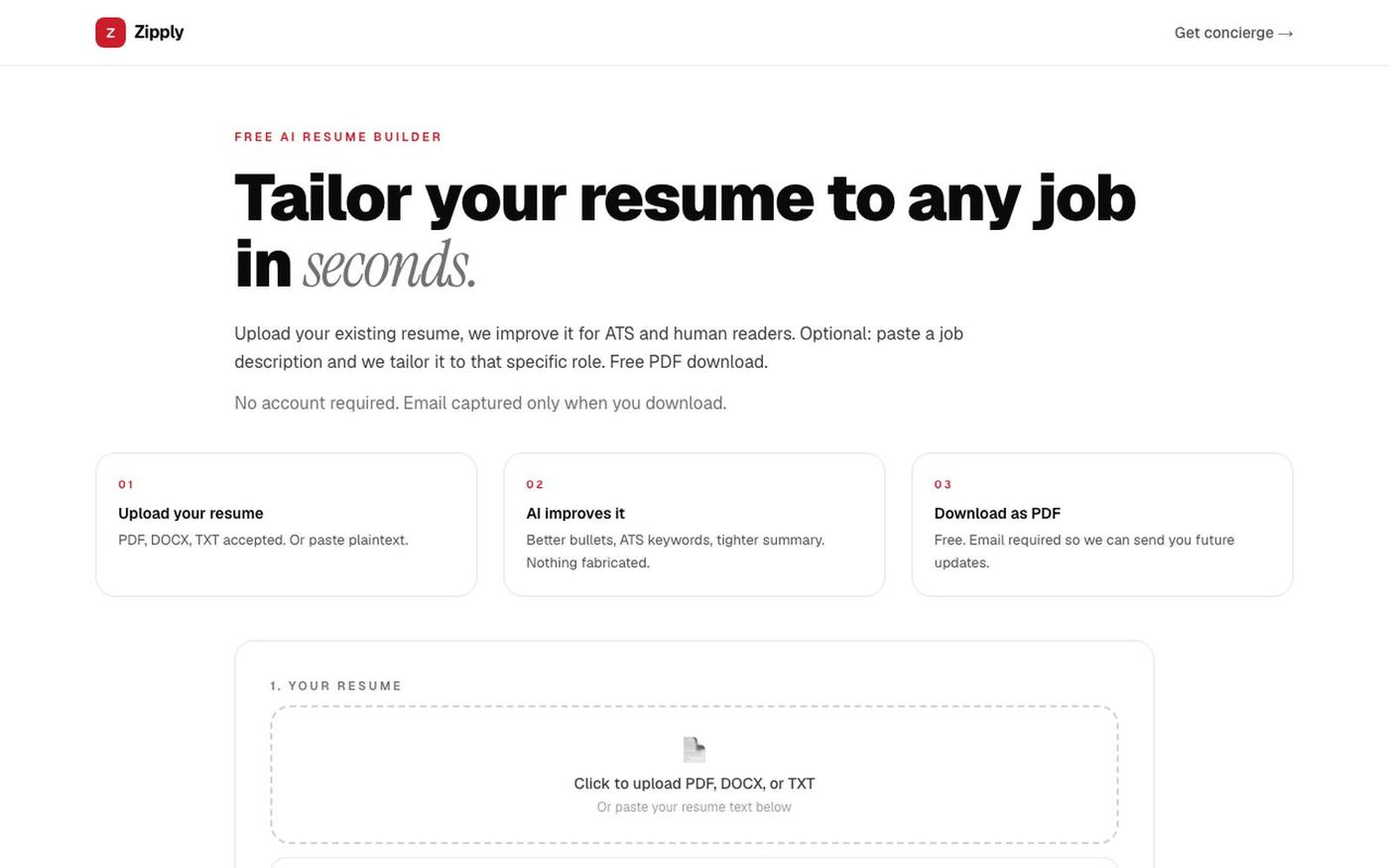 Free AI Resume Builder - Tailor Your Resume to Any Job in Seconds | Zipply | Zip — screenshot