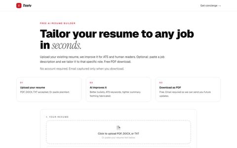 Free AI Resume Builder - Tailor Your Resume to Any Job in Seconds | Zipply | Zip — screenshot