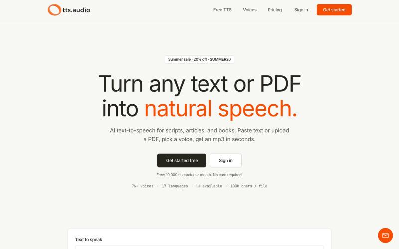 Free TTS Audio — AI Text-to-Speech & PDF to MP3 | tts.audio — screenshot