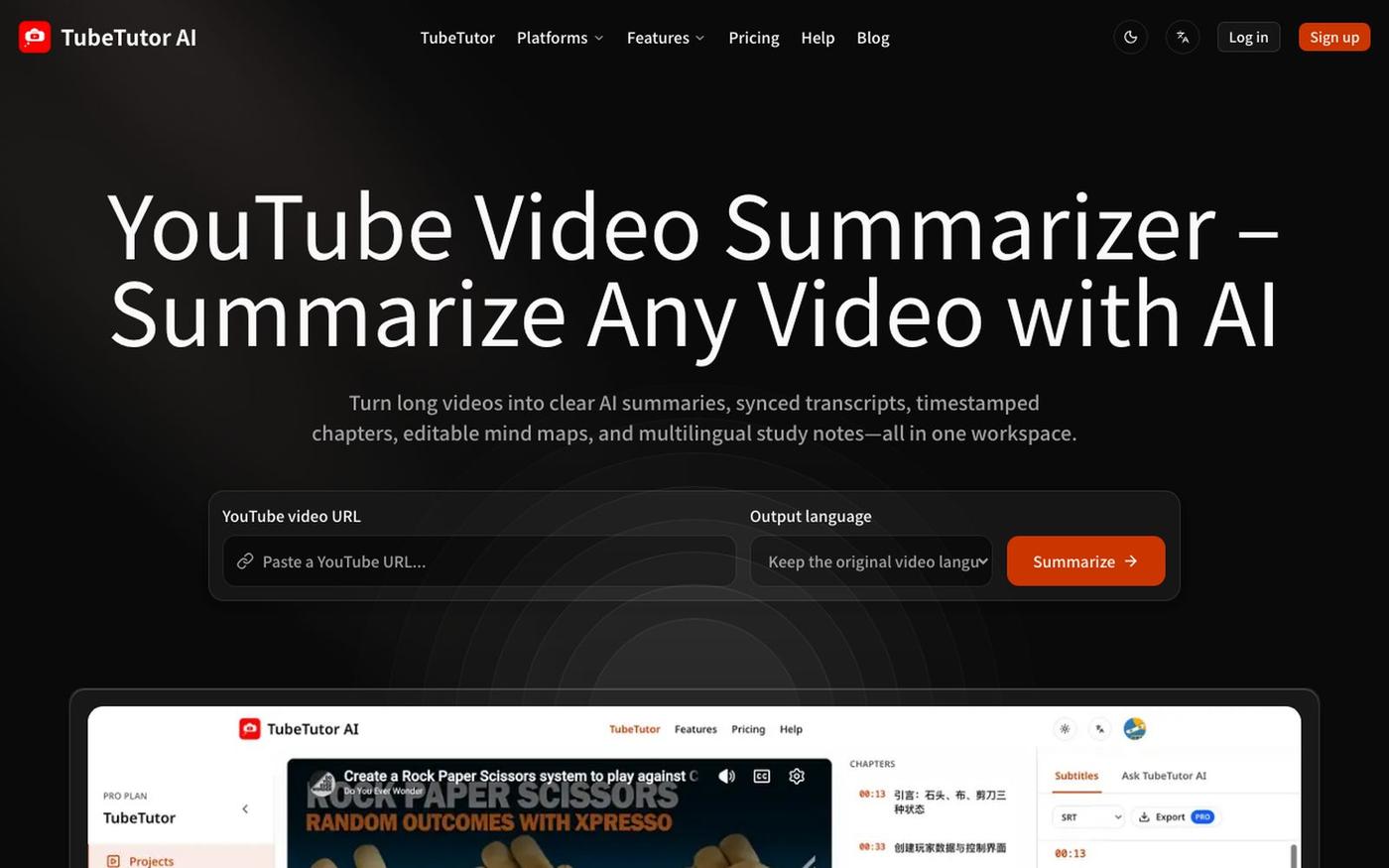 YouTube Video Summarizer – AI Summary, Transcript & Mind Map — screenshot