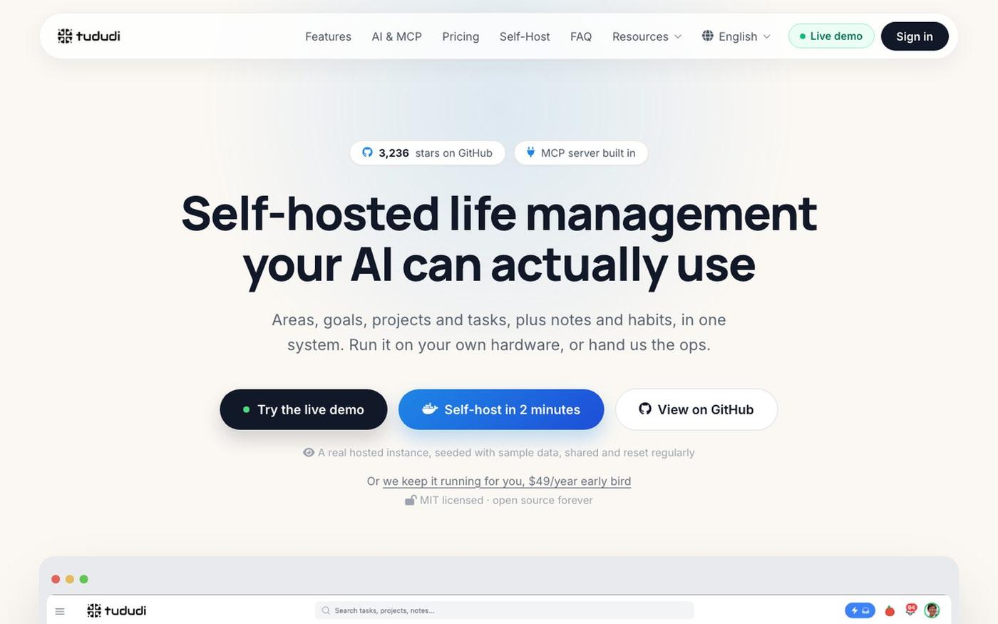 tududi: self-hosted task manager and life management system, with MCP for AI age — screenshot