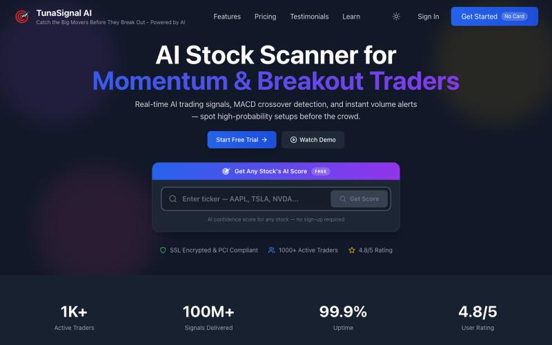 AI Stock Scanner & Trading Signals | TunaSignalAI — screenshot