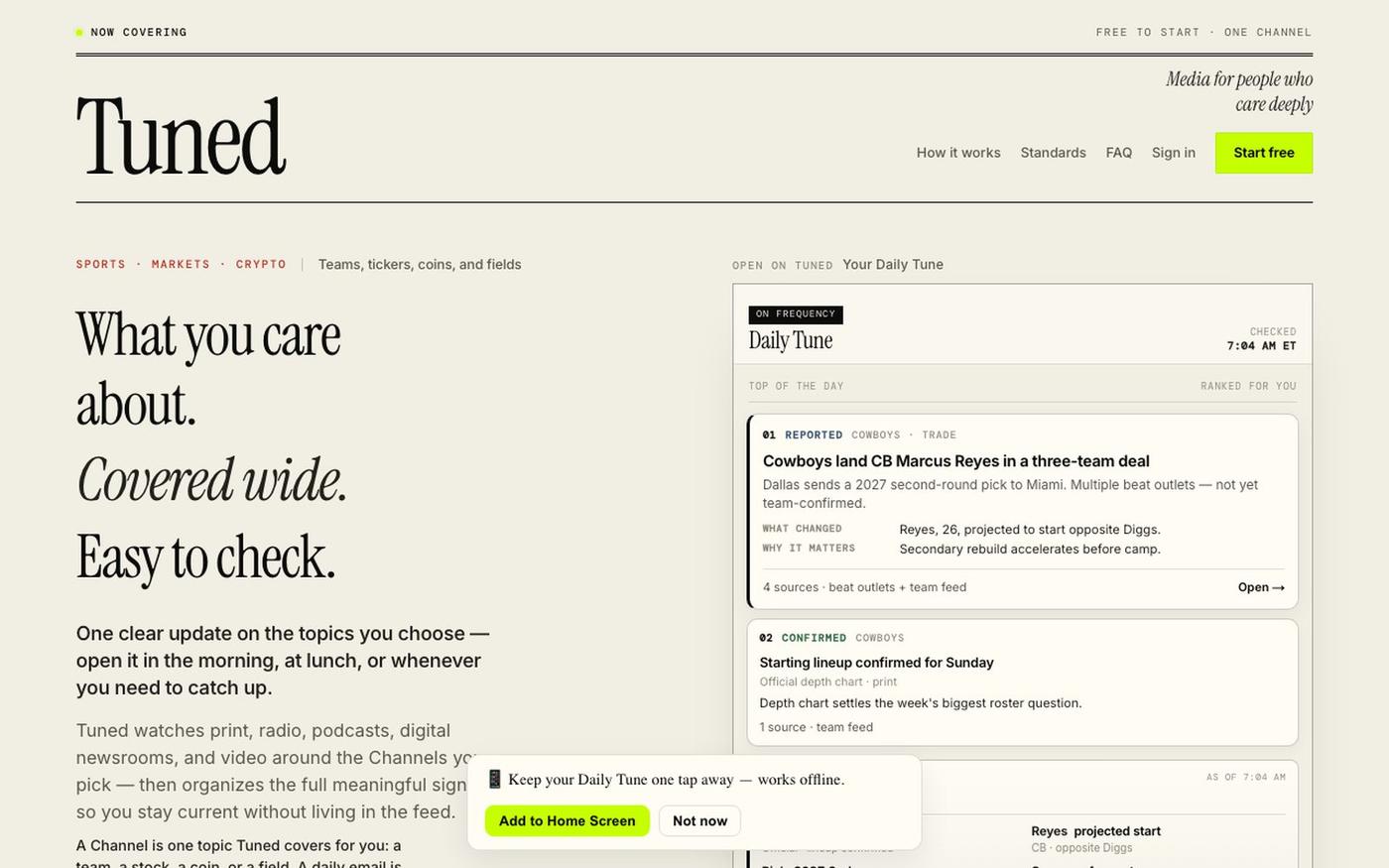 Tuned — What you care about. Covered wide. Easy to check. — screenshot