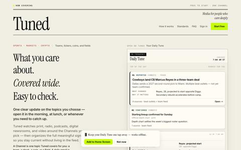Tuned — What you care about. Covered wide. Easy to check. — screenshot