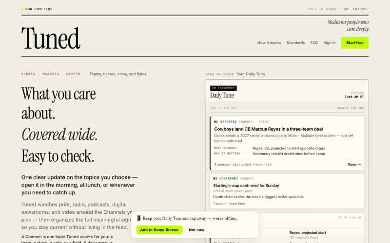 Tuned — What you care about. Covered wide. Easy to check. — screenshot