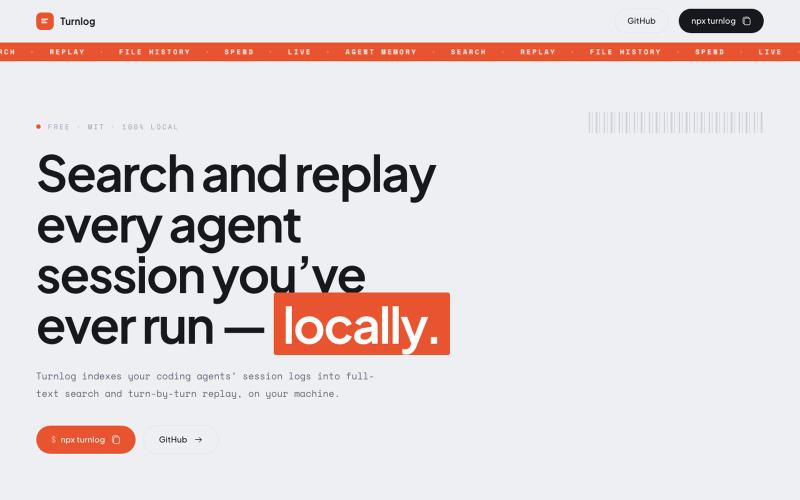 Turnlog — search and replay every agent session, locally — screenshot