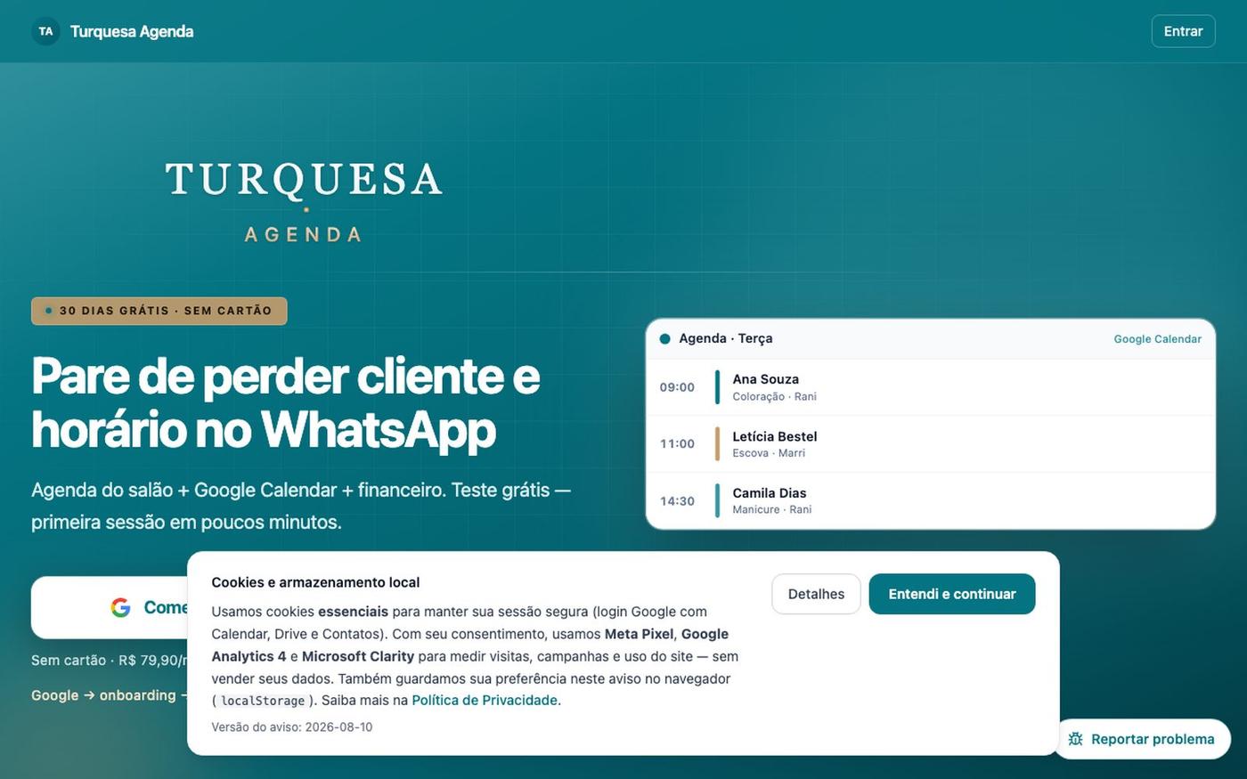 Pare de perder cliente e horário no WhatsApp | Turquesa Agenda — screenshot