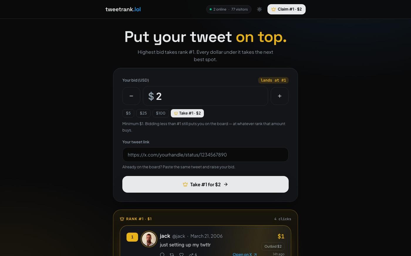 tweetrank.lol — pay to put your tweet on top — screenshot