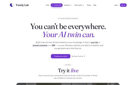 Twinly Lab — AI Twin for Coaches, Creators & Experts — screenshot