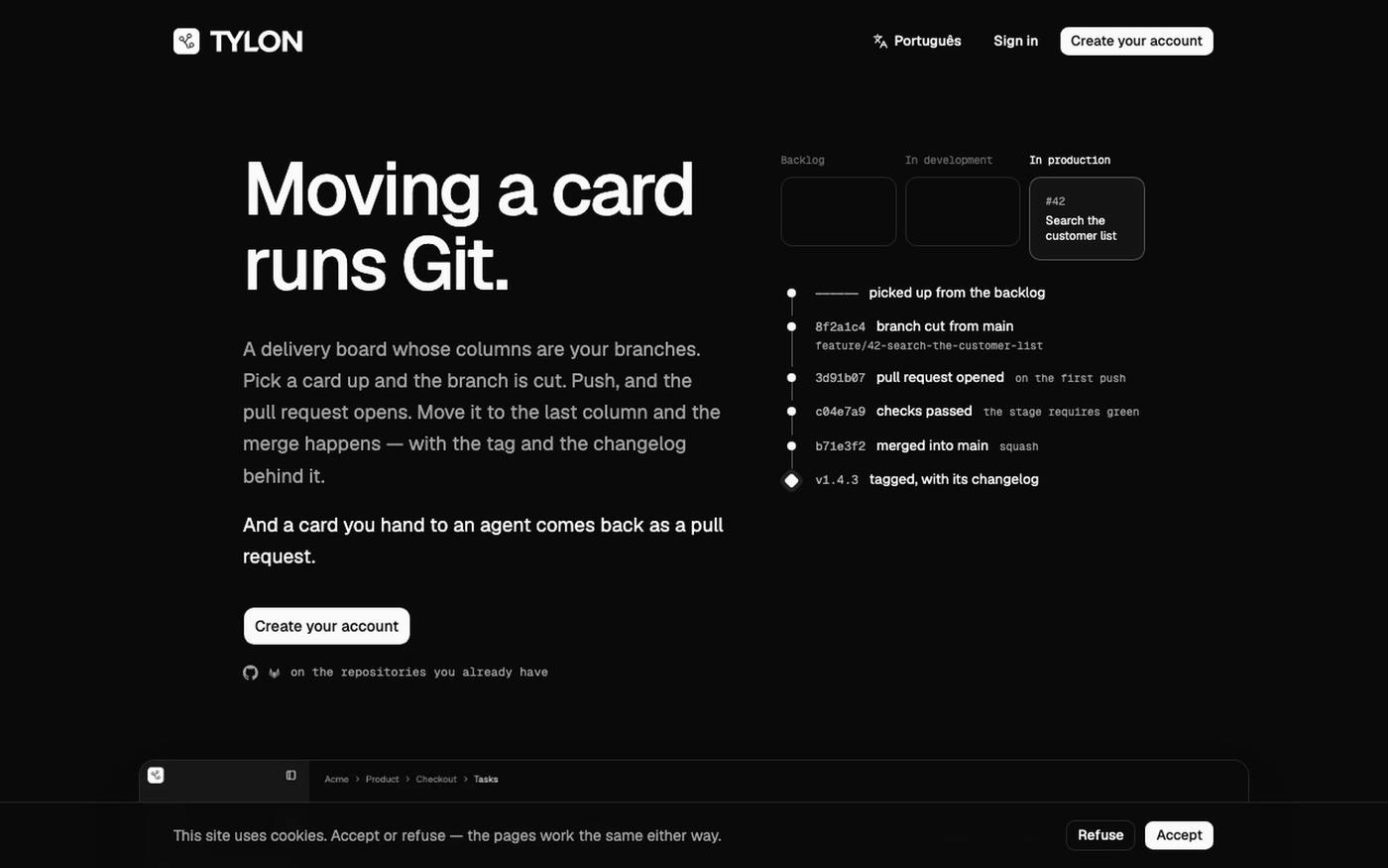 Tylon — moving a card runs Git — screenshot