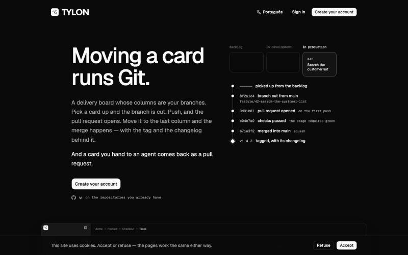 Tylon — moving a card runs Git — screenshot