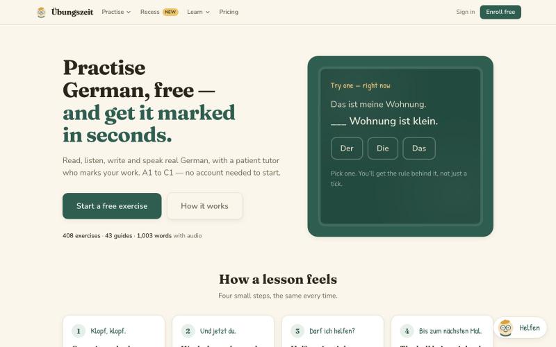 German practice online, A1–C1 — the four skills · Übungszeit — screenshot