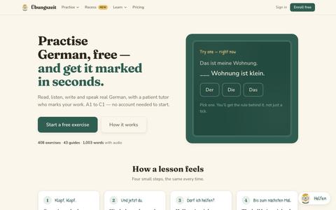 German practice online, A1–C1 — the four skills · Übungszeit — screenshot