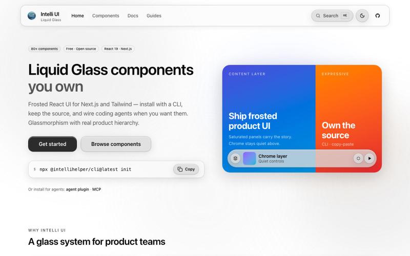 Intelli UI — Free Liquid Glass React Components for Next.js & Tailwind CSS — screenshot