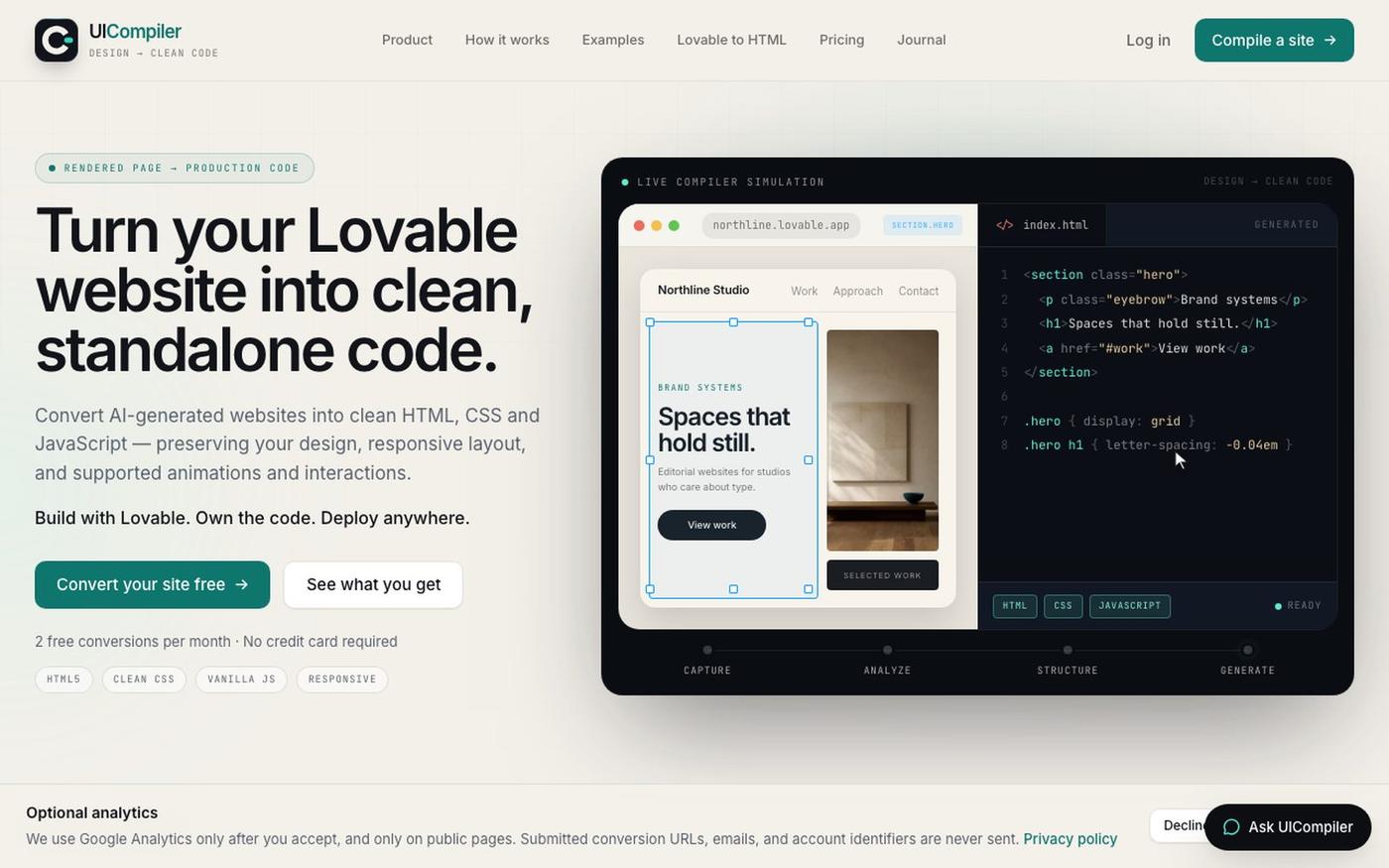 Convert Lovable Sites to Clean HTML, CSS & JS | UICompiler — screenshot