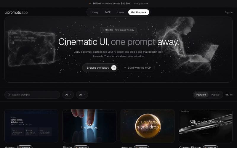 uiprompts.app — cinematic UI, one prompt away — screenshot