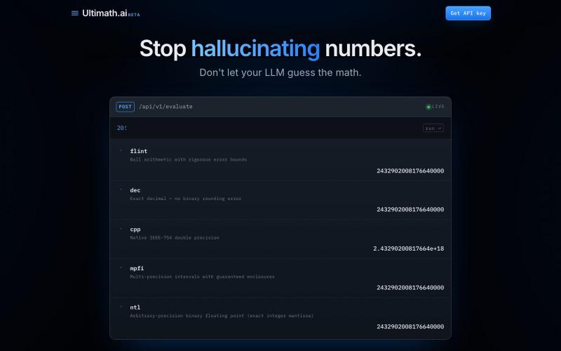 Ultimath — stop hallucinating numbers | math API + MCP — screenshot