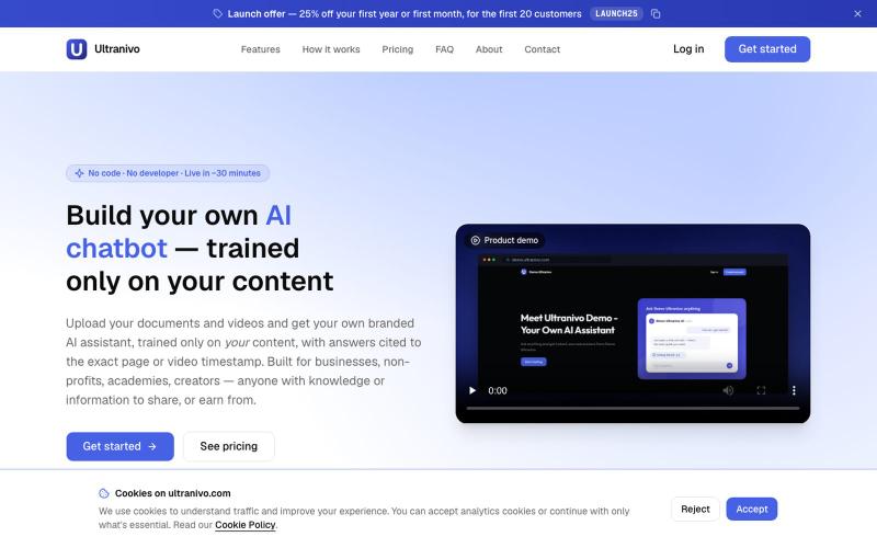 Ultranivo — Build your own AI chatbot, trained on your own content — screenshot
