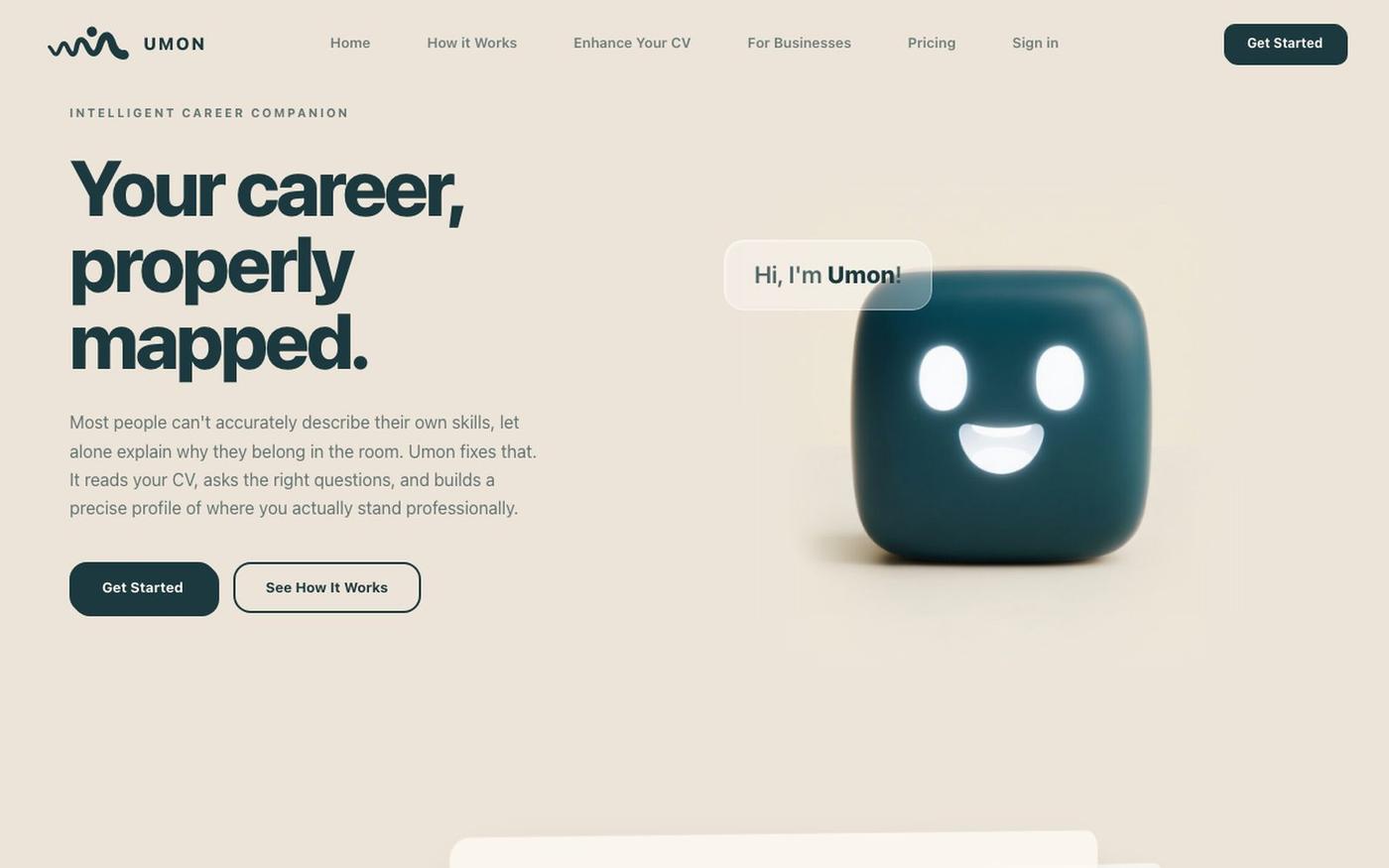 Umon maps your skills, builds your CV, and preps you for the job — screenshot