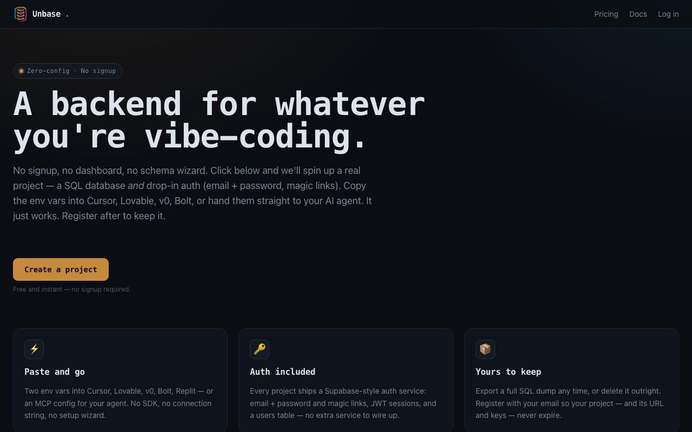 Unbase — instant SQL + auth backend — screenshot