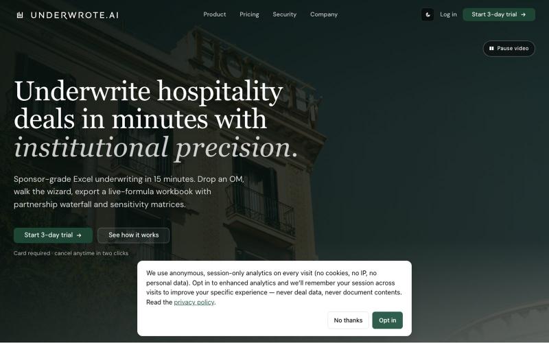 Hotel & hospitality underwriting software — Underwrote.AI — screenshot