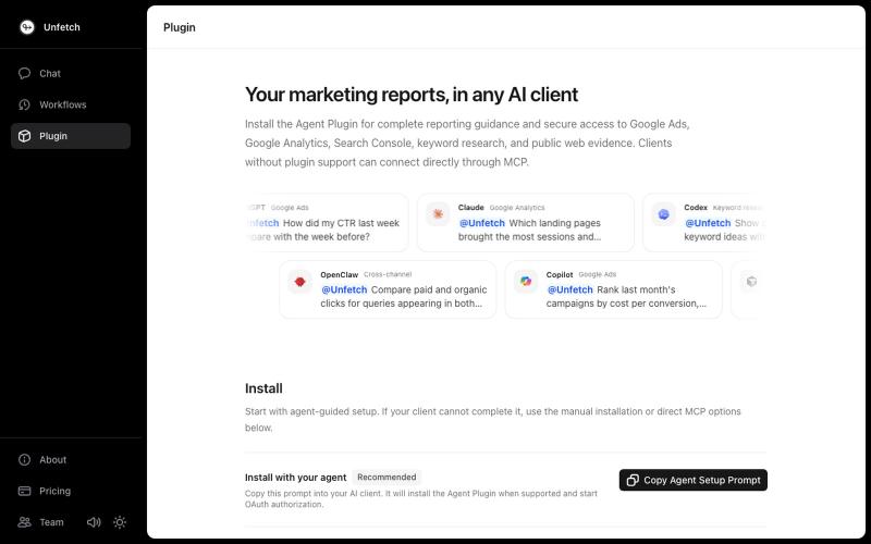 Marketing reporting Agent Plugin and MCP server | Unfetch — screenshot