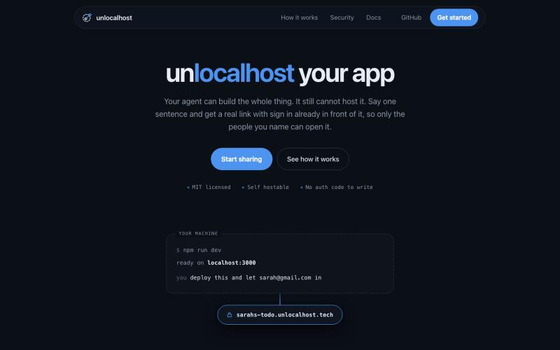 unlocalhost · Turn localhost into a link only your friends can open — screenshot