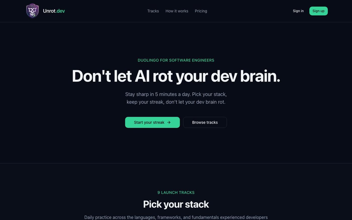 Unrot. Don't let AI rot your dev brain. — screenshot