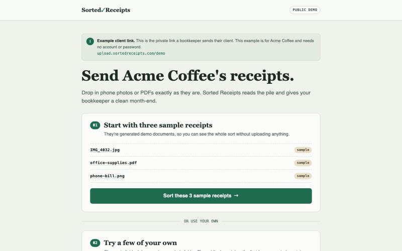 Try the client upload link — Sorted Receipts — screenshot