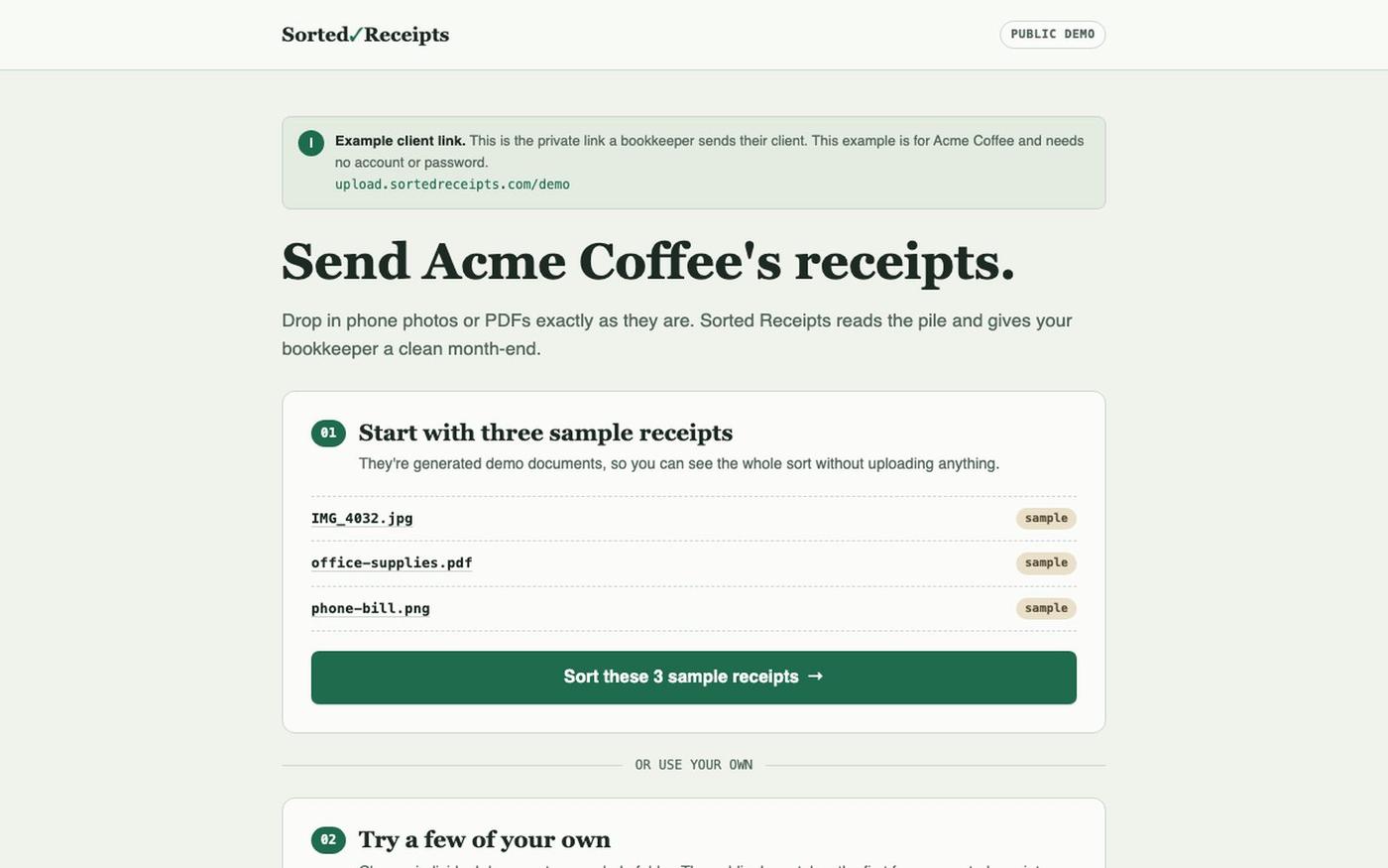 Try the client upload link — Sorted Receipts — screenshot