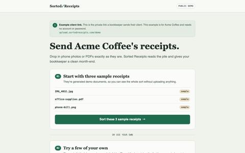 Try the client upload link — Sorted Receipts — screenshot