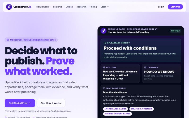 UploadPack: YouTube Publishing Intelligence Software — screenshot