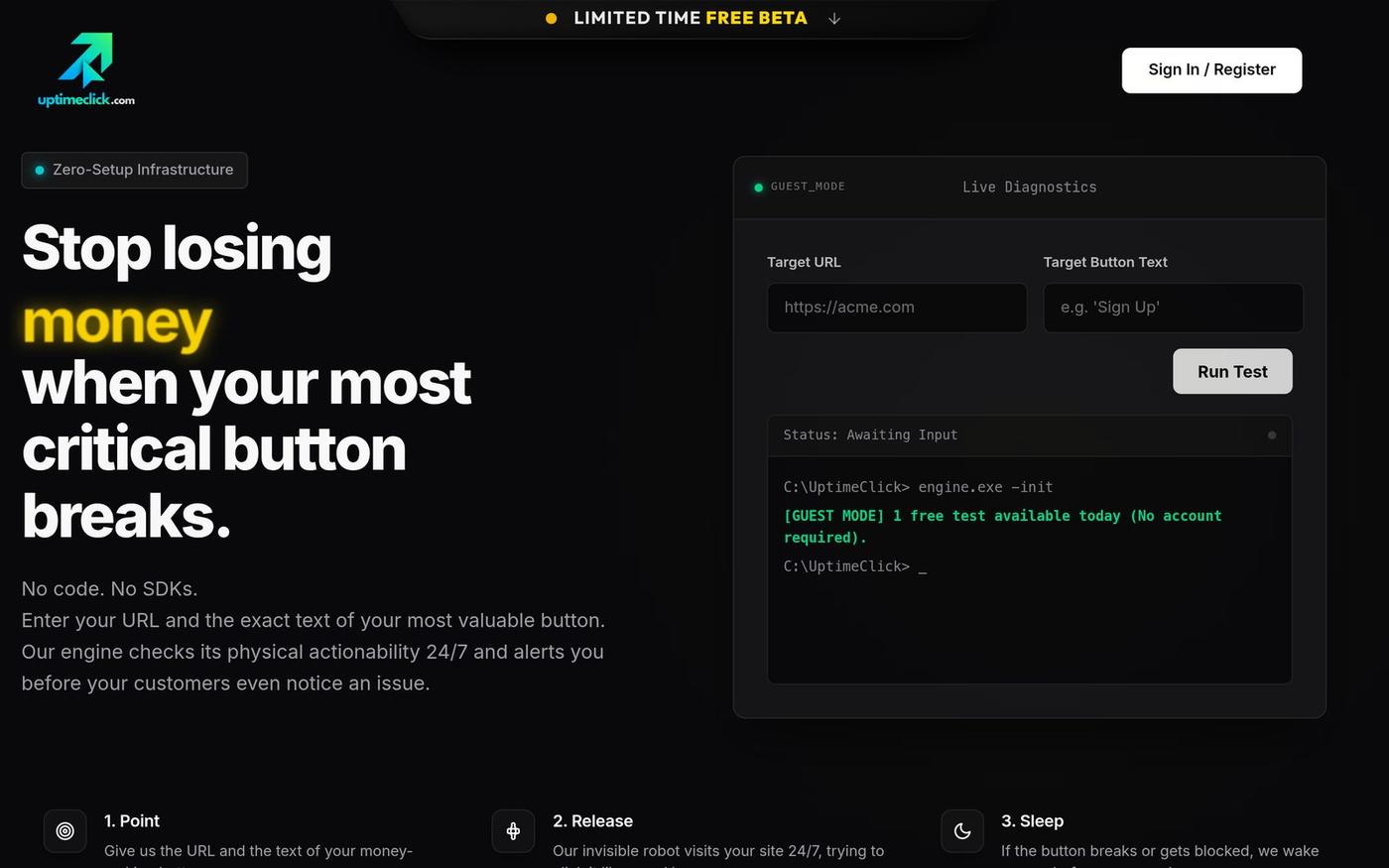 UptimeClick — Is Your Buy Button Actually Working? — screenshot