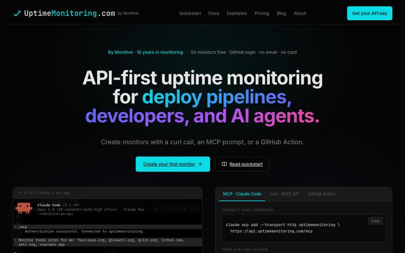 UptimeMonitoring.com — API-first uptime monitoring for deploy pipelines, develop — screenshot