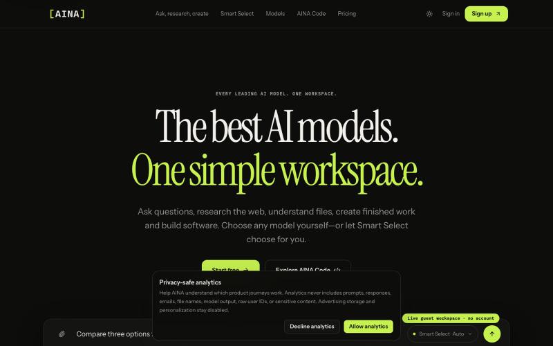 AINA: The best AI models. One simple workspace. — screenshot