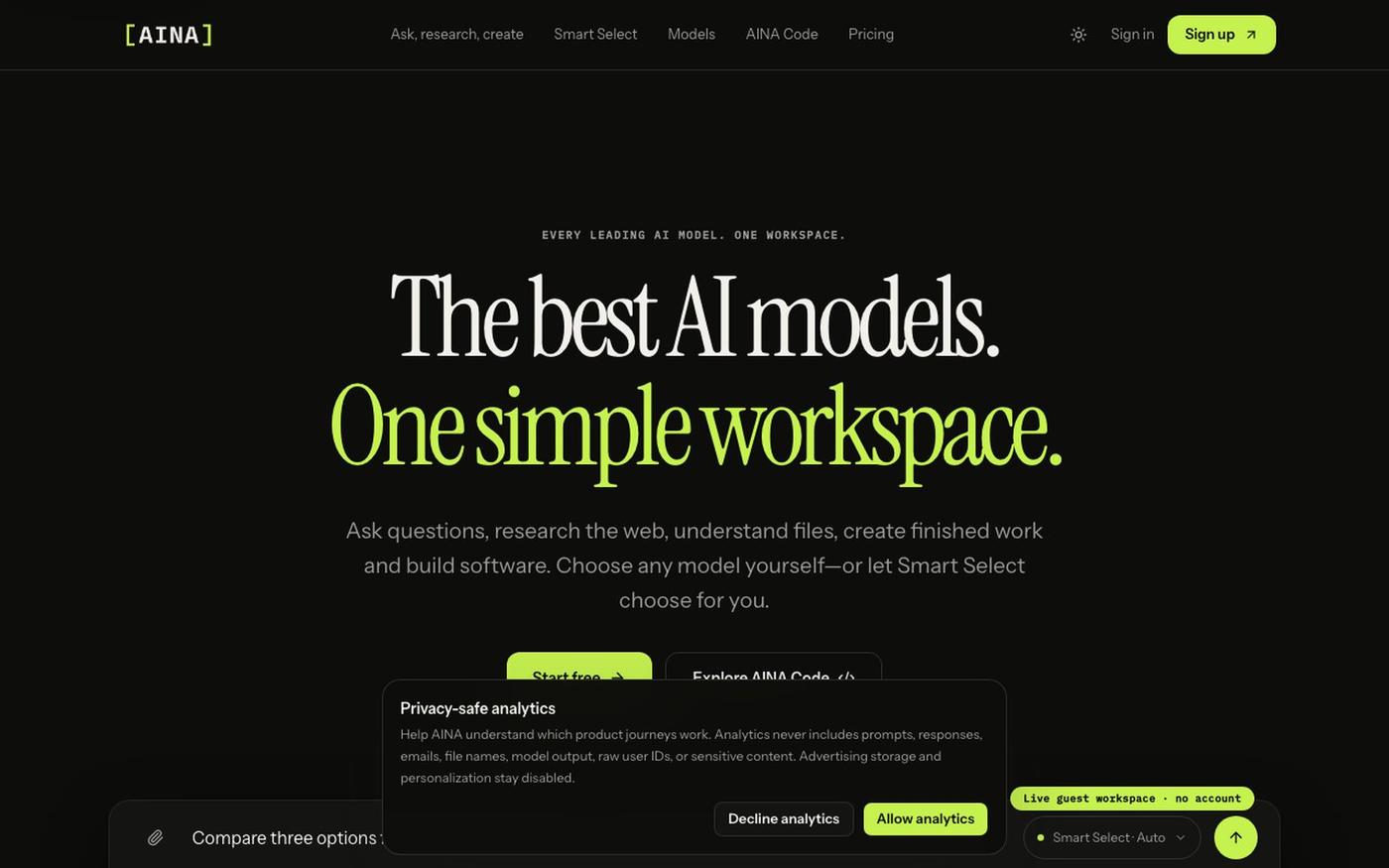 AINA: The best AI models. One simple workspace. — screenshot