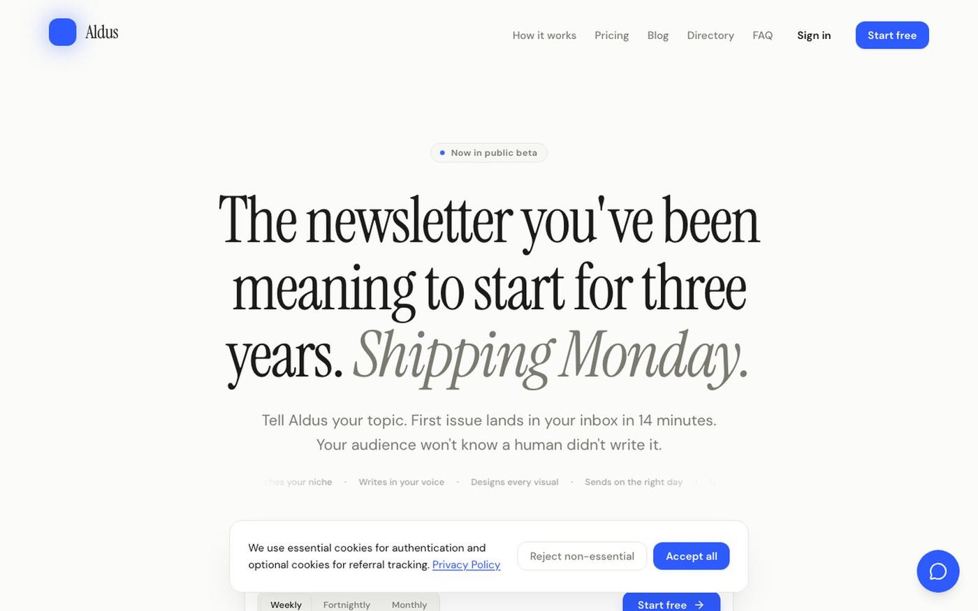 The newsletter you've been meaning to start. Shipping Monday. | Aldus — screenshot