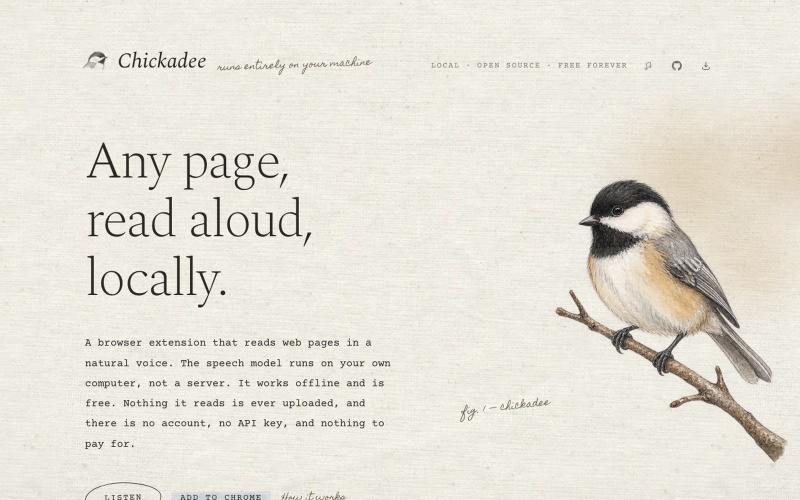 Chickadee — reads pages aloud, on your machine — screenshot