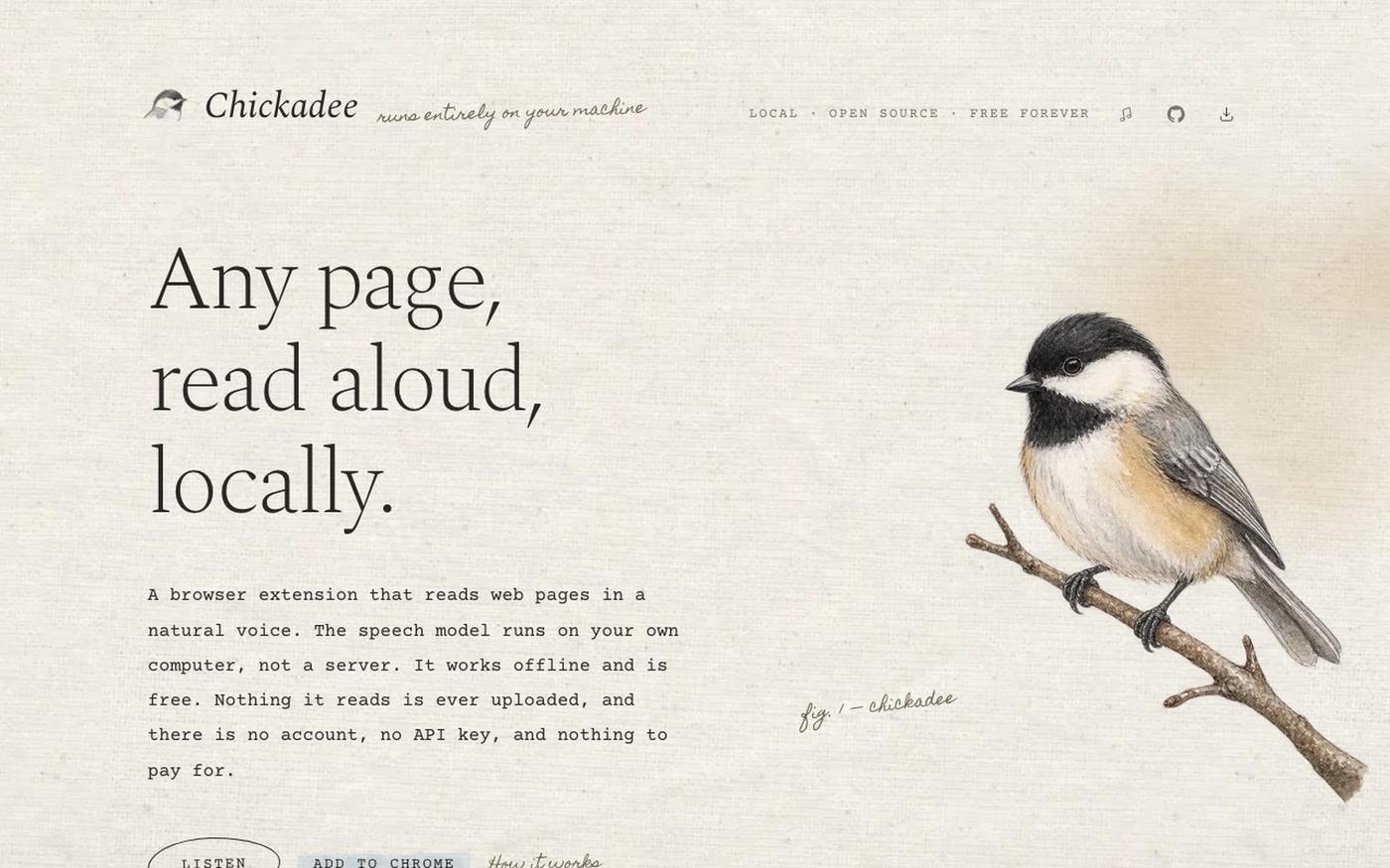 Chickadee — reads pages aloud, on your machine — screenshot