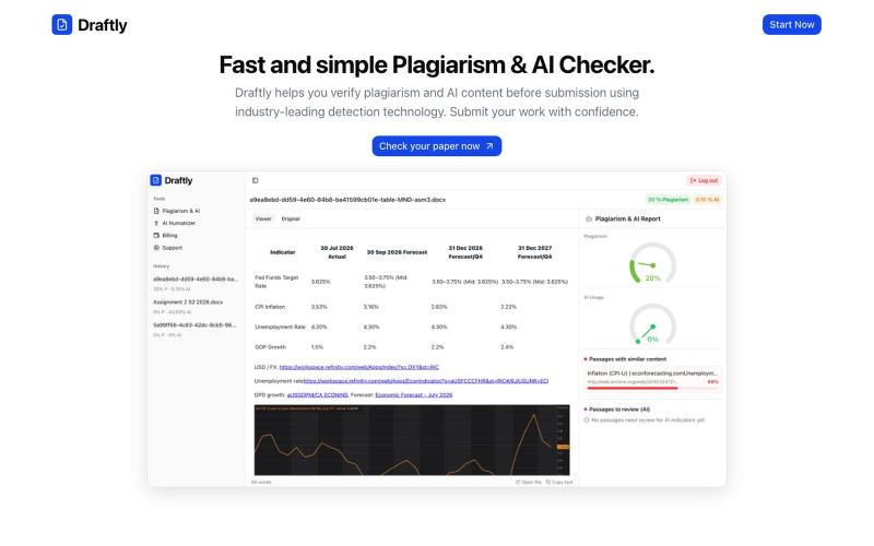 Draftly | Free Plagiarism Checker, AI Detector & Humanizer — screenshot