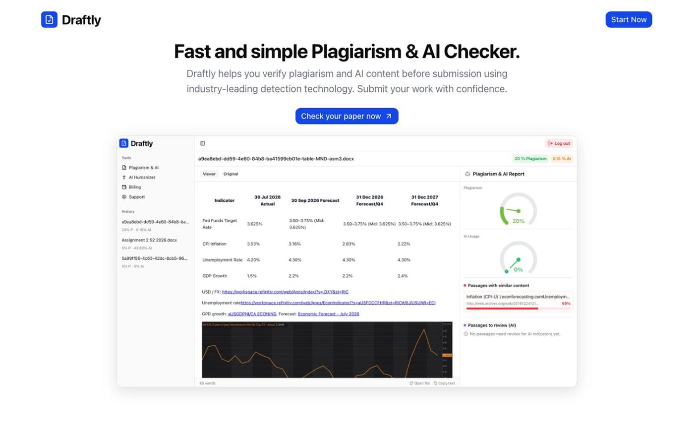 Draftly | Free Plagiarism Checker, AI Detector & Humanizer — screenshot