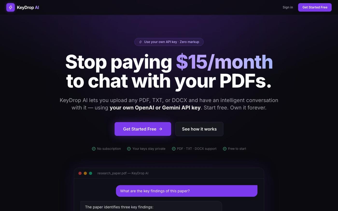 KeyDrop AI – Chat with your PDFs for free — screenshot