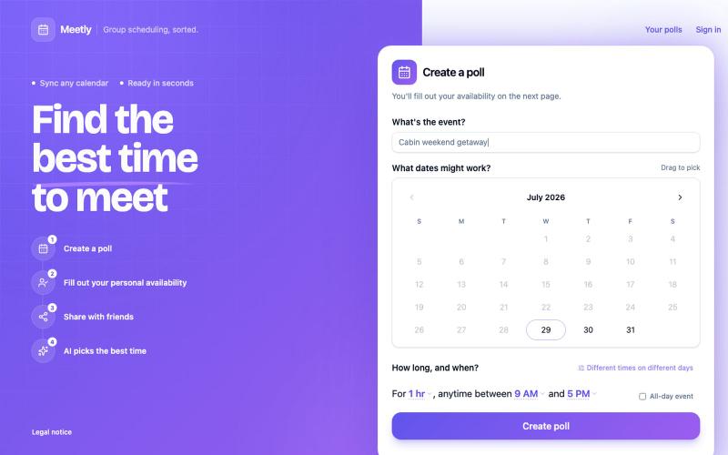 Meetly — Find the best time to meet, no account needed — screenshot